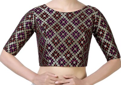  Banarsi Brocade Back  open Boat Neck Long sleeve Wedding Wear Blouse,Sari Top