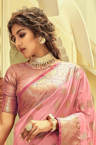 Women's Jacquard Woven Self Design Cotton Silk Saree With Unstich Blouse Piece - Picture 5 of 6