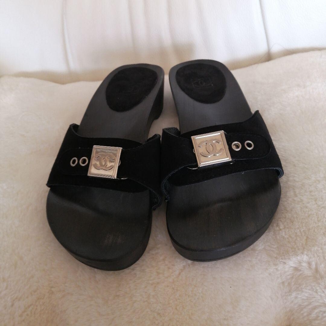CHANEL Sport Line COCO MARK Wood Sandals Mules Pumps Shoes