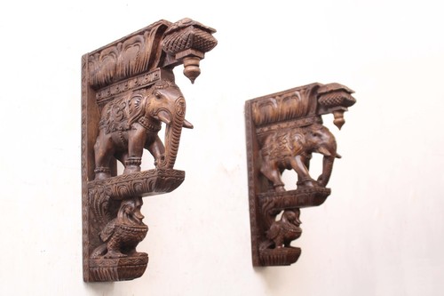Wooden Wall Bracket Elephant Corbel Pair Indian Home Entrance / Door Decor Shelf - Picture 3 of 8
