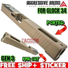 AGGRESSIVE ARMS PORTED FDE STAINLESS STEEL SLIDE For GL0CK 34 GEN 3 RMR FRT GRIP