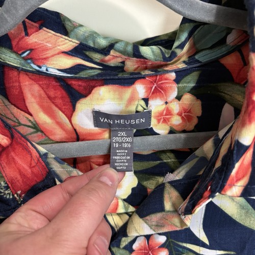 Van Heusen Shirt Mens Size 2XL Blue Orange Hawaiian Short Sleeve Button Dow - Picture 2 of 6