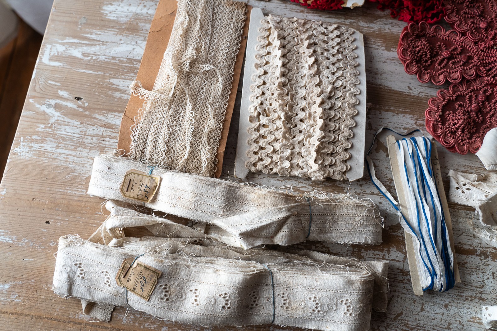 Antique Fabric Lot Various Ribbons Embroidery Lace haberdashery