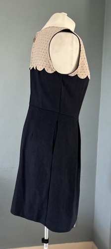 MISS PATINA NAVY BEIGE POLKA DOT SCALLOPED CONTRAST BIB SLEEVELESS A-LINE DRESS - Picture 4 of 7