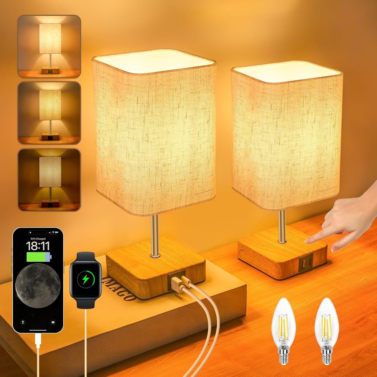 Touch Control USB Table Lamp, Dimmable Nightstand Lamps with USB Charging Ports