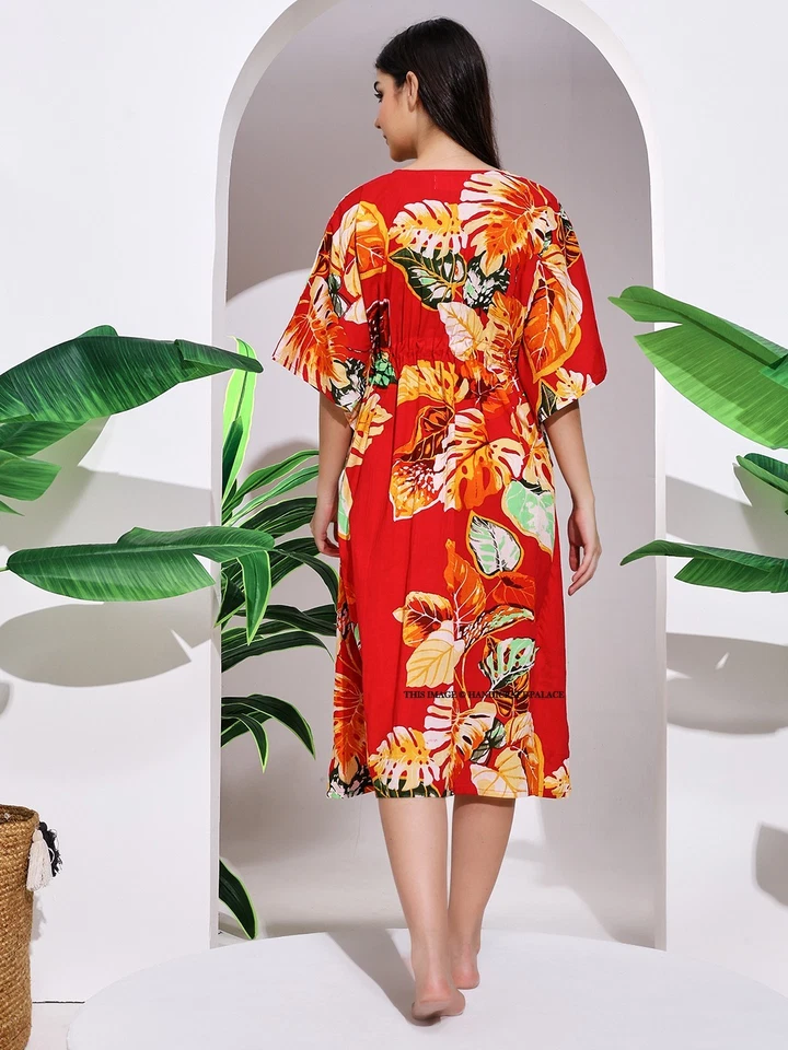 Court Coton Imprimé Robe Caftan Boho Plage Tunique Rouge Floral Resort Vêtement - Photo 4/4