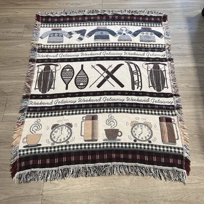 Weekend Getaway Woven Tapestry Throw Blanket Cabin Lodge Ski Fringe 48x54 - Image 1 of 4