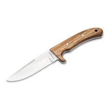 Cuchillo de hoja fija BOKER Elk Hunter madera de cebra calidad 440A funda de cuero de acero