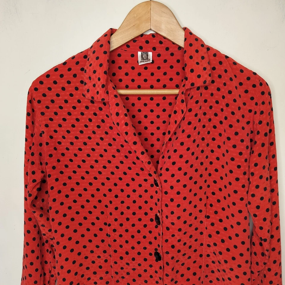 Vtg Anne Klein Silk Blouse Button Up Size 6 Red Polka Dots Long Sleeve - Image 2 of 4