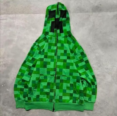 Minecraft Creeper Green Check Pixel Full-Zip Hooded Hoodie w/ Pockets