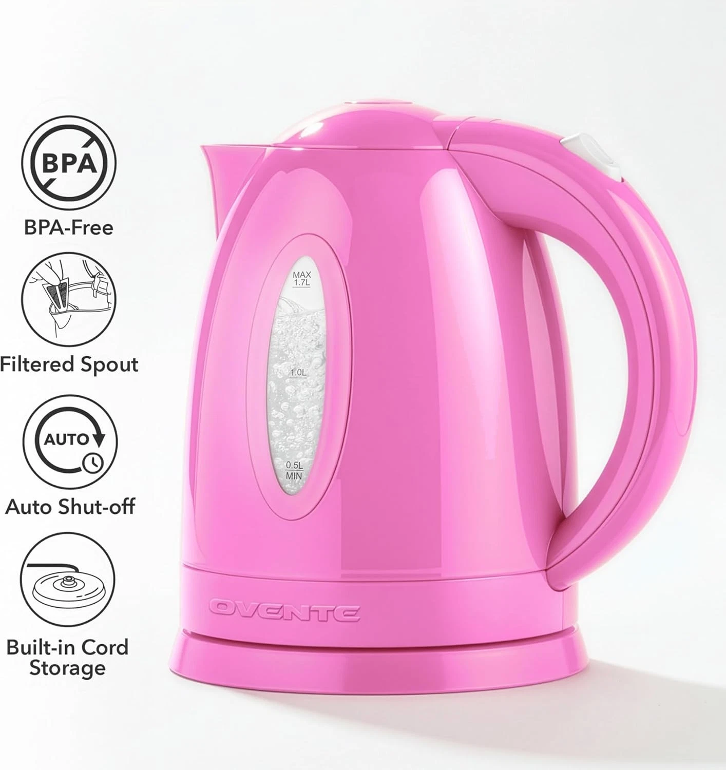 Electric Kettle 1.7 L Fast Boiling Water Heater for Coffee or Tea BPA Free Pink