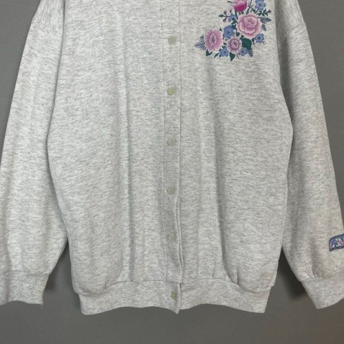 Vintage Strickjacke Sweatshirt Blumenmuster Grandmacore grau Knopfleiste Rosen groß - Bild 4 von 16