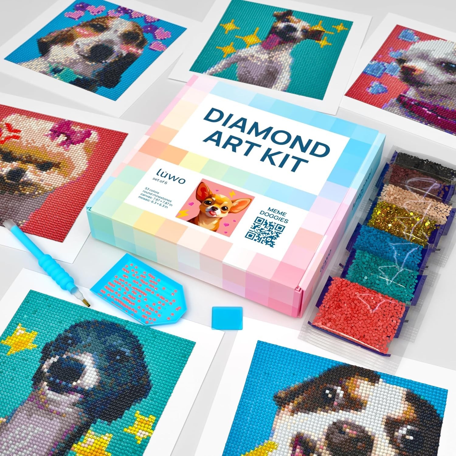 Exclusive 6 Pack Diamond Art Kits Featuring Meme Doggies - Full