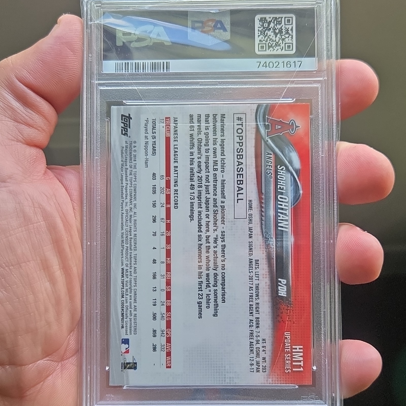 Topps Chrome Update 2018 #HMT1 Shohei Ohtani Angels PSA 9 Rookie Card view 2