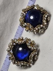 Miriam Haskell Signed Gold Tone Clip-On Earrings Blue Glass Cabochon Crystal