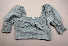 Storia Blouse M Green Cropped Smocked Knot Front Puff Sleeves Zip Shirt Coquette