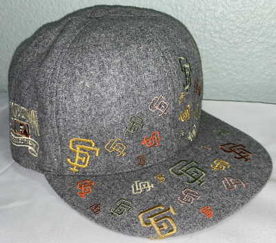 SF Giants Hat All Over Logo Embroidered Fitted Cap Gray