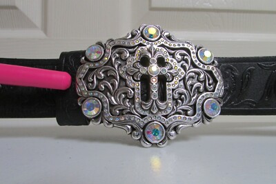Tony Lama Swarovski Crystal Concho Cross Black Tooled Leather Belt Sz 34 s-l1200.jpg main image 4