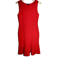 ANN TAYLOR Dress sz XSP Red Laser Cut Hem Sleeveless Fitted Knit MIDI EUC