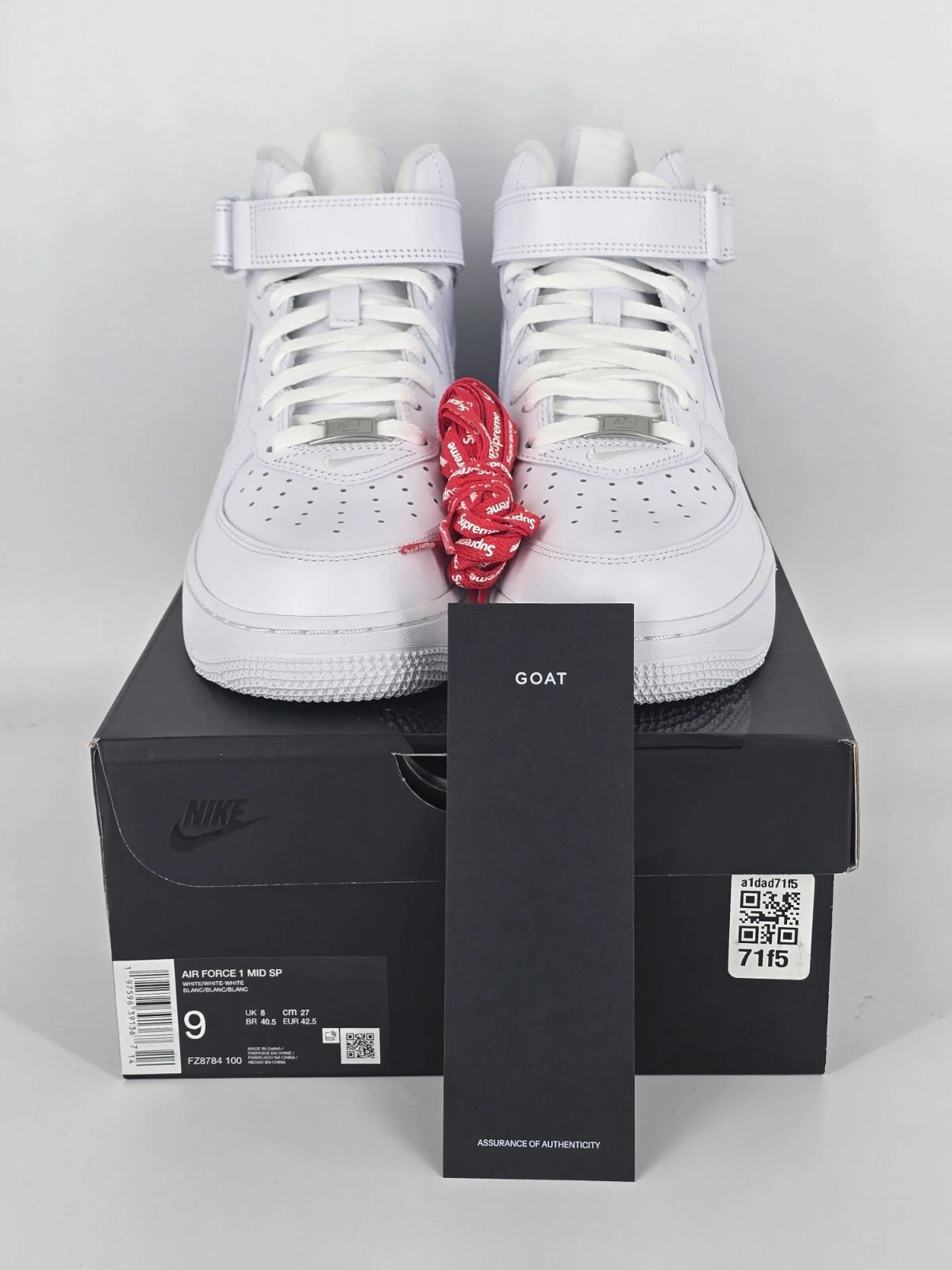 Size 9   Nike Supreme x Air Force 1 Mid Box Logo   Triple White