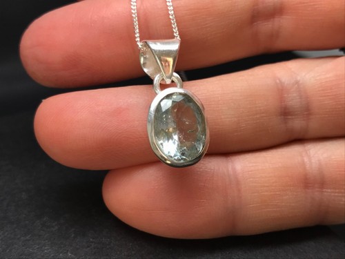 aquamarine pendant oval solid Sterling Silver adjustable 16/18” chain, natural - Picture 7 of 17