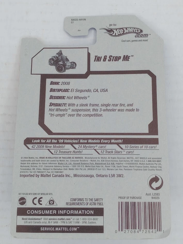 Hot Wheels TRI & STOP ME ATV 2009 New Models 09 Gold Black Silver 22/42 NIP - Image 3 of 3