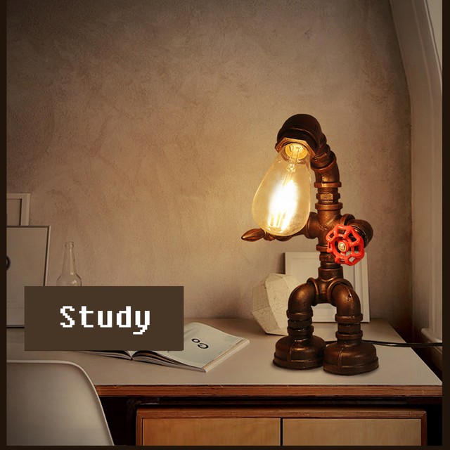 Industrial Vintage Robot Table Desk Lamp Pipe Steampunk Bedroom