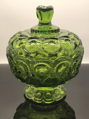 Vintage LE Smith 7.5"x6" Moon & Stars Green Footed Candy Dish/ Compote & Lid
