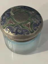 Victorian Sterling Enameled Lidded Blue Glass Cosmetic Jar