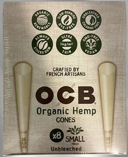OCB Organic Unbleached Hemp Small Cones Rolling Papers 78mm 32 Packs 8 Cones