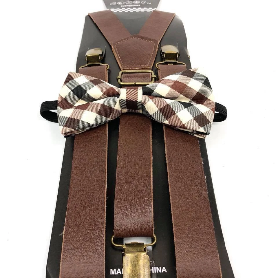 Pajarita de cuero marrón con tirantes de esmoquin a cuadros accesorios de boda para hombre Foto 4 de 4