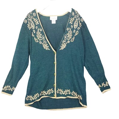 VINTAGE JACLYN SMITH Womens Cardigan Large Gold Green Sparkle Metallic Christmas