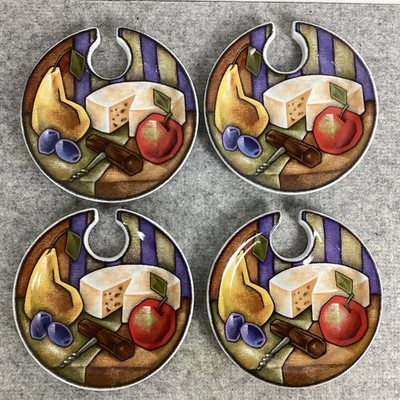 Set Of 4  Dessert/appetizer Plates In Shape Of artist Palette Holds A Wine Glass