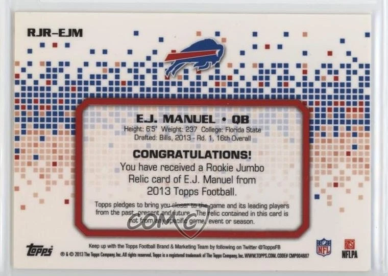 2013 Topps Rookie Jumbo Relic EJ Manuel #RJR-EJM RC - Image 2 of 2