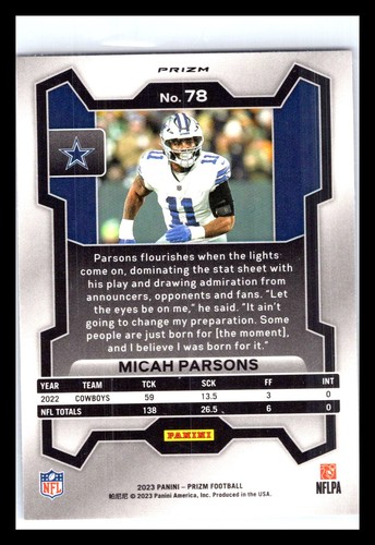 2023 Panini Prizm MICAH PARSONS Red White & Blue Prizm #78 Dallas Cowboys - Picture 2 of 2