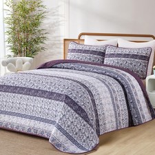 Purple Stripe Paisley Quilt Set King Boho Striped Bedspread Coverlet Set 3 Pi...