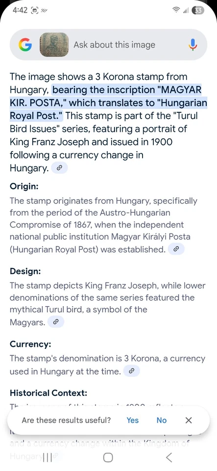 Vintage 1900 Hungary 3Kr Stamp #82A.  Cat. value over $3500.  - Image 3 of 4