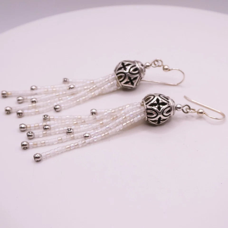 Brighton Boho Roots White Beaded Tassle 3.3" Womens French Wire Pierced Earrings - Image 4 of 4