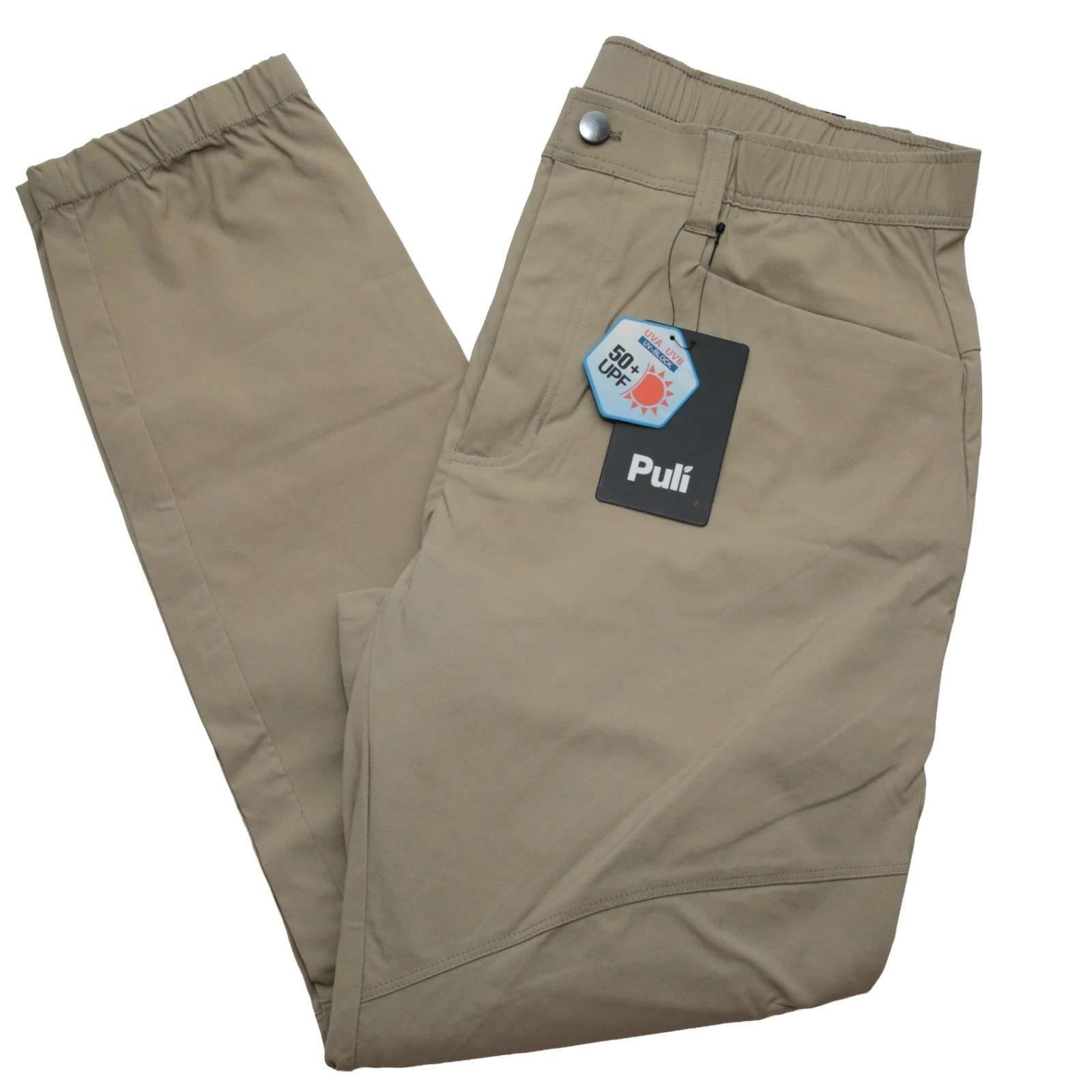 Puli Men’s Stretch Woven Waterproof Pants Khaki Size 34 SPF 50+ Elastic Cuff