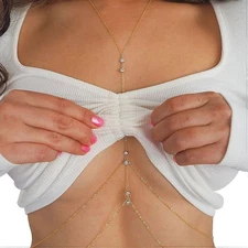 Gold Body Chain Harness with Rhinestones – Sexy Bikini Jewelry Waist Chain women