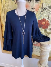 Slinky Brand Top Womans S Navy Blue Tiered Blouson-Sleeve Ruffle Knit Tunic New