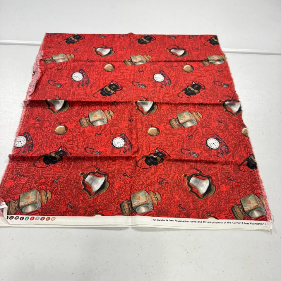 currier ives quilting cotton fabric red teacups 42x19 - Image 2 of 4