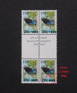 FIJI ERROR PROVISIONAL OVERPRINT 20c/44c MNH GUTTER BLK4 WITH ONE 1.5mm GAP RR