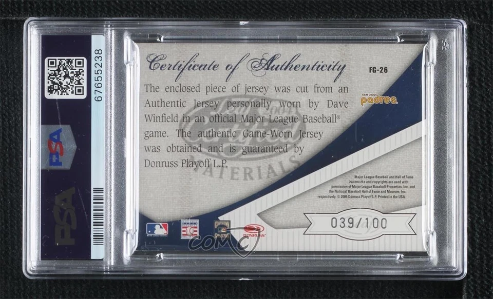 2004 Leaf Certified Materials Fabric of the Game AL/NL Dave Winfield PSA 7 HOF - Image 2 of 2