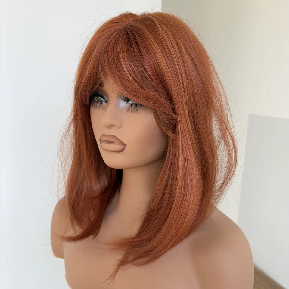 Peluca de cosplay Bob Straight resistente al calor cabello rojo cobre con flequillo natural Foto 4 de 4