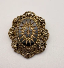 Oval Filigree Brooch Gold Tone Black Pin with Starburst Design Victorian Revival