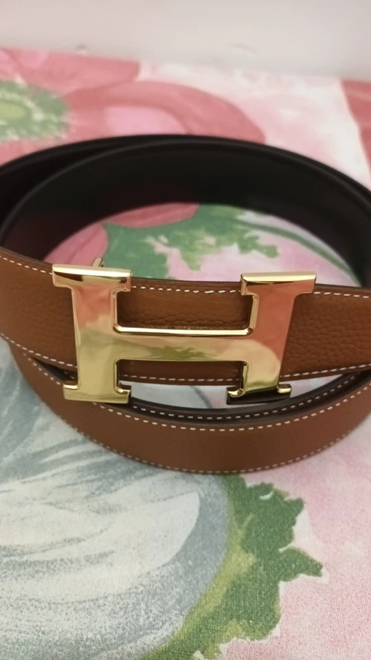 Cintura Uomo Reverse Hermès Nera E Beige,120cmx3.8 Cm,Fibbia A Specchio Dorata - Imagen 3 de 4