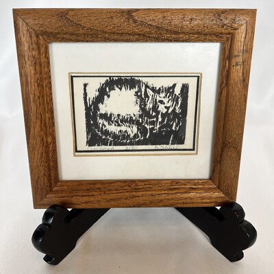 Miniature Original Woodcut Cat Art Signed Artist Amy Sadle Info  Cleopatra  5x5