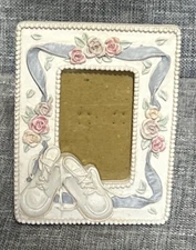 3D Picture Frame with Baby Shoes Flowers Blue Ribbon 2x3 Inch Photo