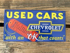 VINTAGE USED CARS CHEVROLET DEALERSHIP GASOLINE GAS STATION PORCELAIN OIL SIGN